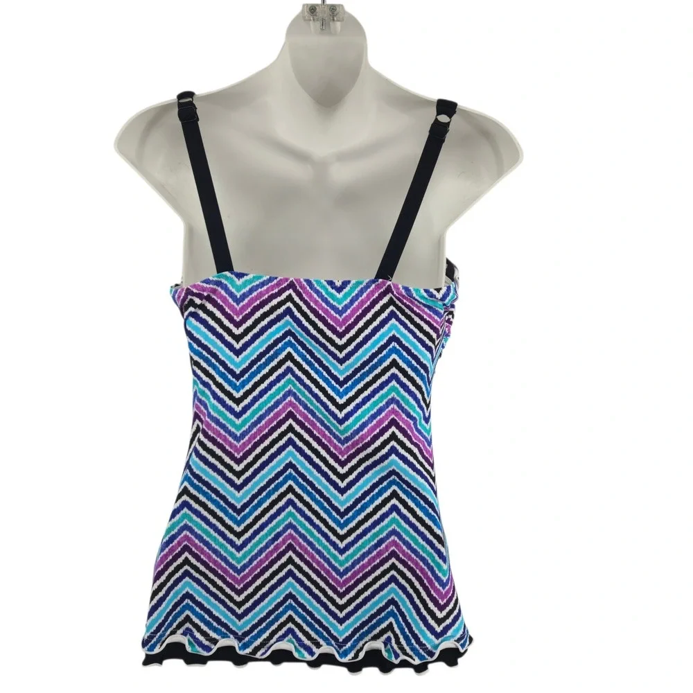 Profile by Gottex Tankini Top Women 34E Blue Purple Chevron Scalloped Vacation